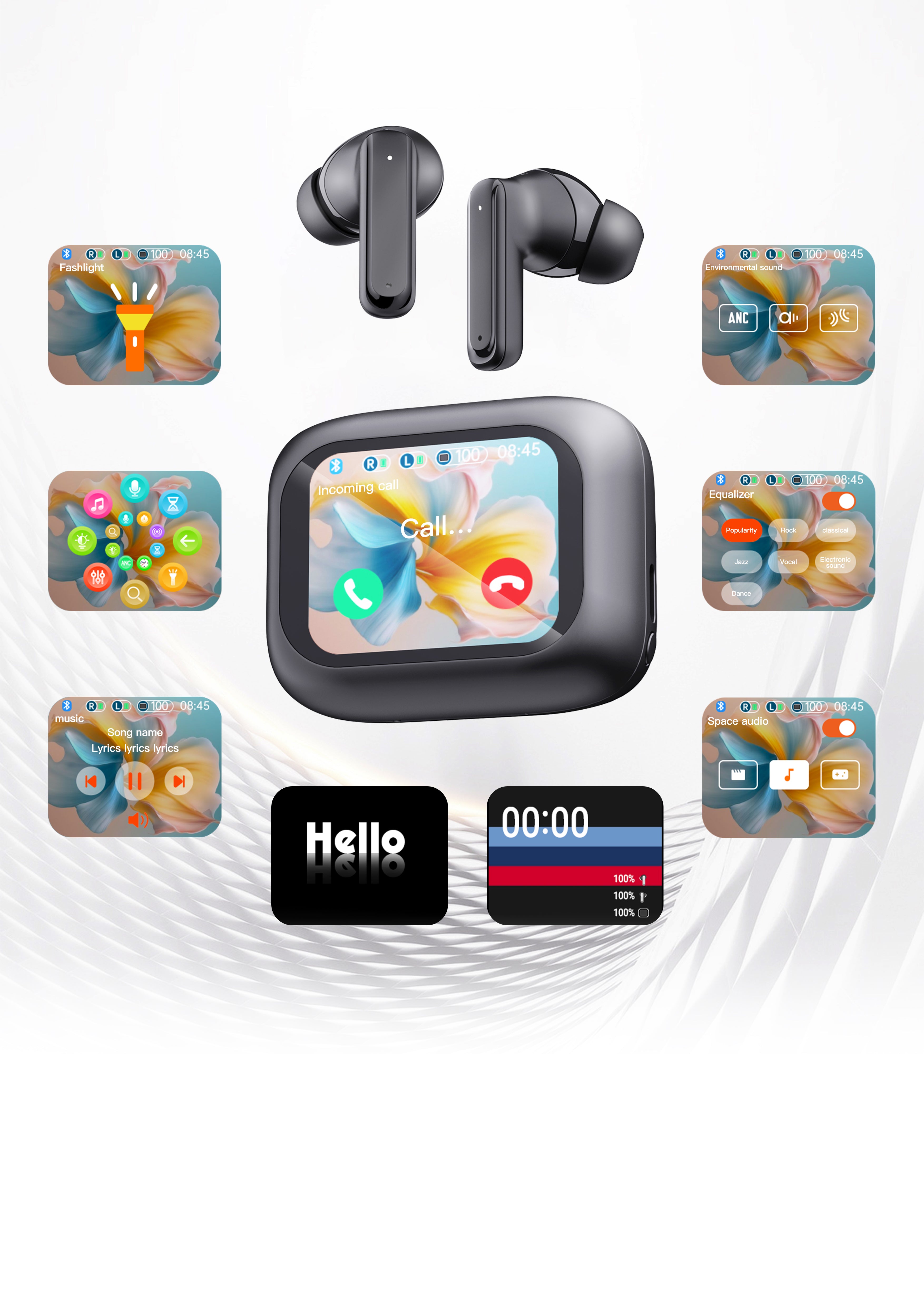 TWS Earbuds ANC and ENC True Wireless Stereo with LCD Touch Screen Noise Cancelling Headphones